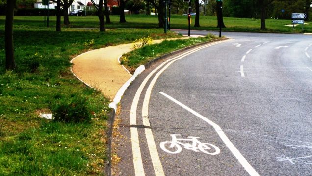 The cycle junction at Hall Road, Castle Bromwich, allows the smooth change from highway to dedicated path (March 2020)